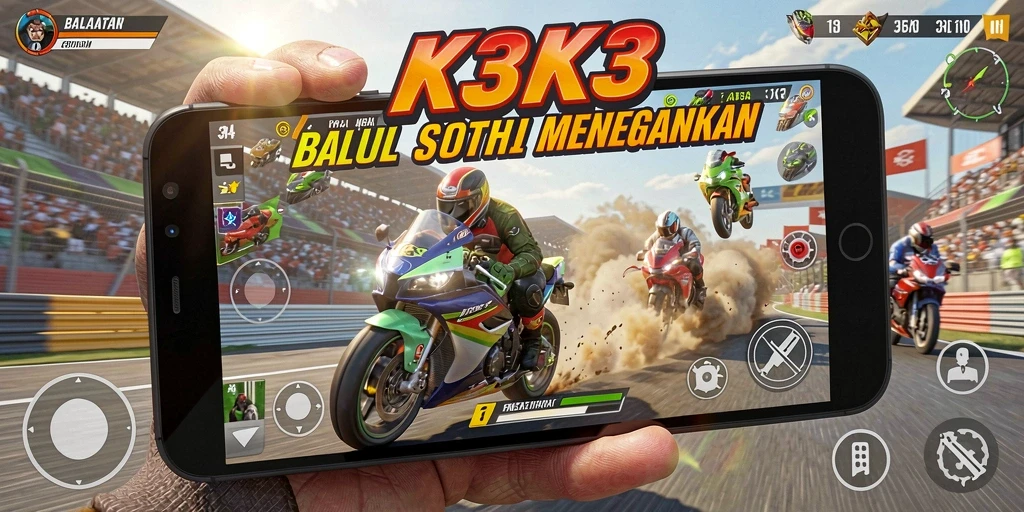 Screenshot gameplay K3K3 menampilkan aksi balapan motor yang mendebarkan.