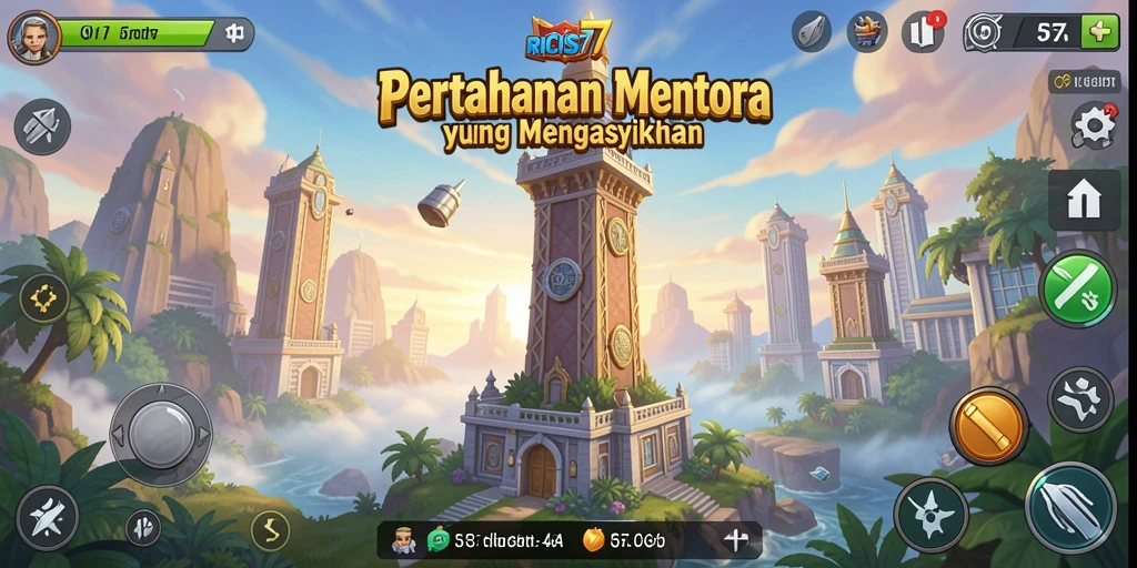 Screenshot RICIS77 menampilkan menara dan musuh dalam pertempuran epik.